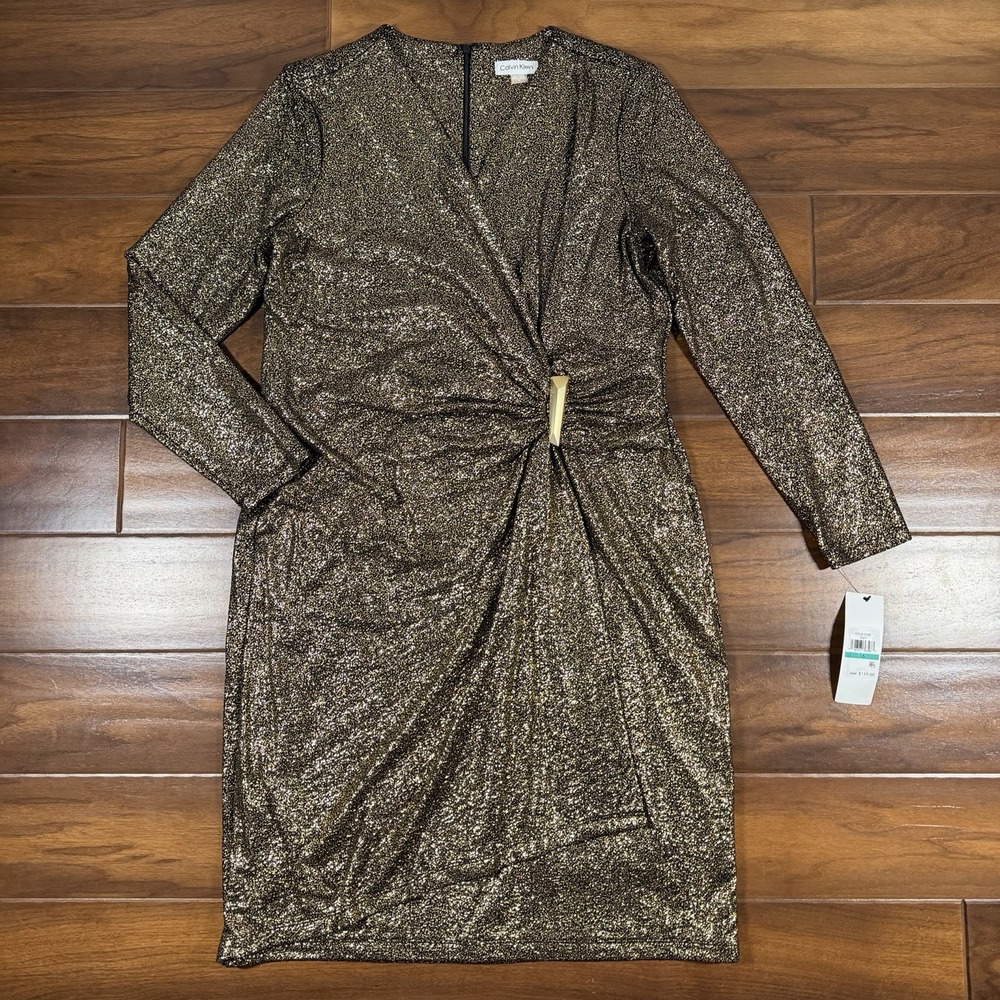 Calvin Klein Women's Size 16 Black Metallic Gold Speckled Print Faux Wrap Dress